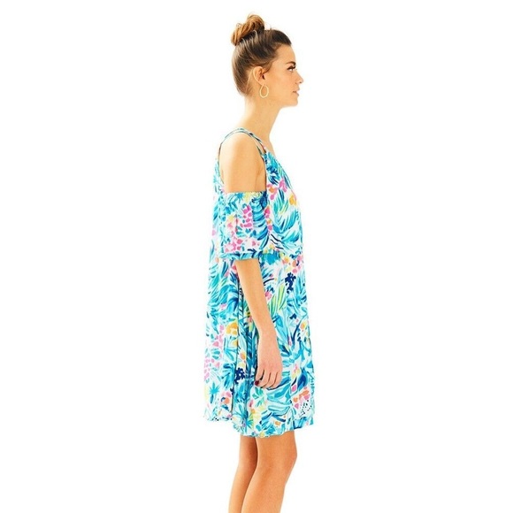 Lilly Pulitzer Bellamie Dress Size Small Blue ‎ Floral Cold Shoulder Flowy Swing - Picture 10 of 16